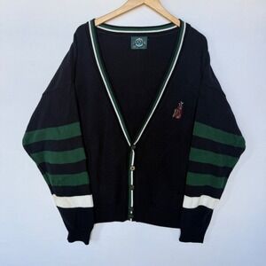 Vtg Knit Jantzen Cardigan Sweater  Stripe Green Blue Golf Embroidered Made USA